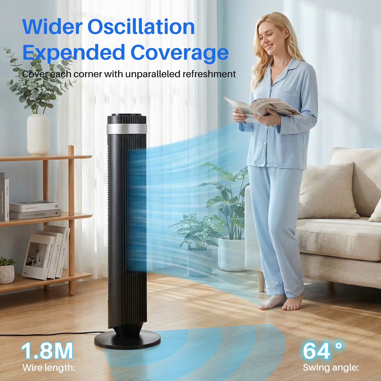 Bladeless Tower Fan for Bedroom, 25Ft/S High Velocity 28Db Quiet DC Fan, 5 Speeds 4 Modes, 12H Timer 64°Oscillating, Remote Standing Fan for Home Office Indoor, Black