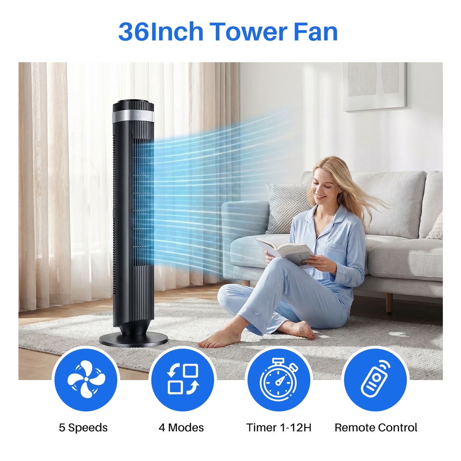 Bladeless Tower Fan for Bedroom, 25Ft/S High Velocity 28Db Quiet DC Fan, 5 Speeds 4 Modes, 12H Timer 64°Oscillating, Remote Standing Fan for Home Office Indoor, Black